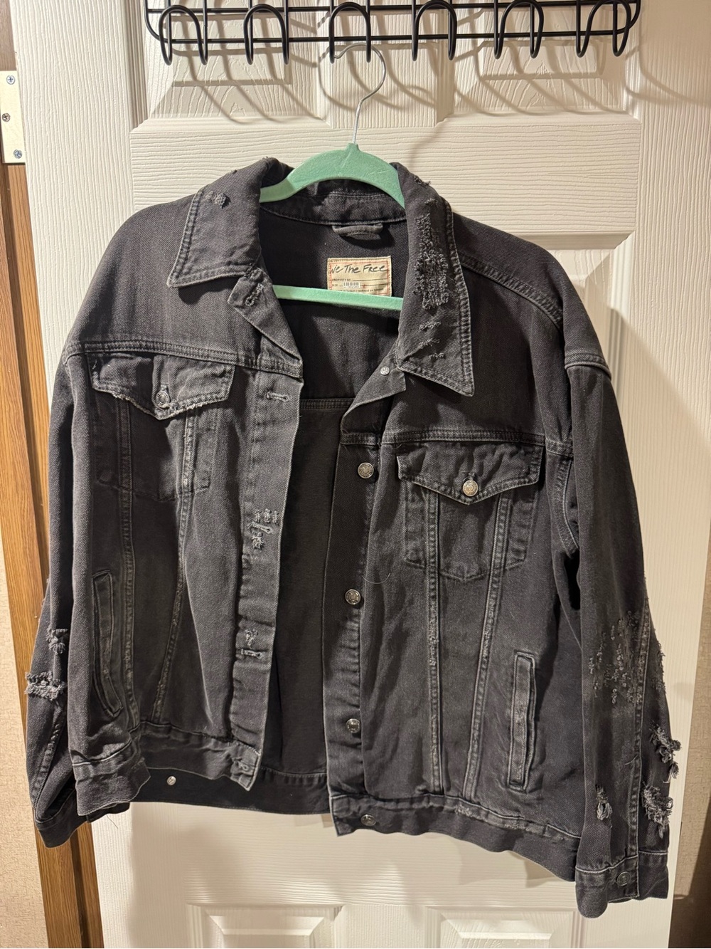 Free People Distressed Black Denim Jacket